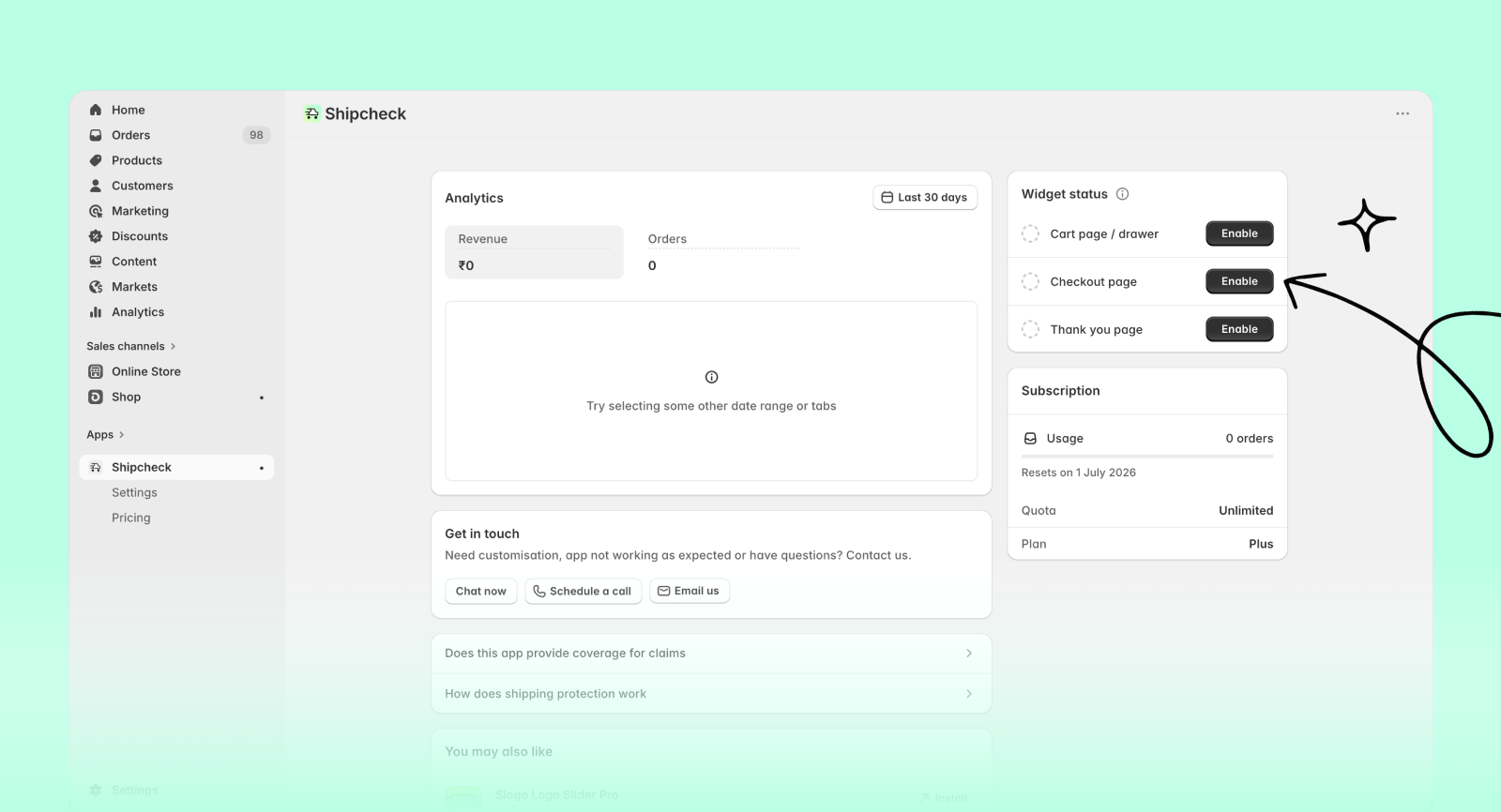 Go to checkout editor from shipcheck app
