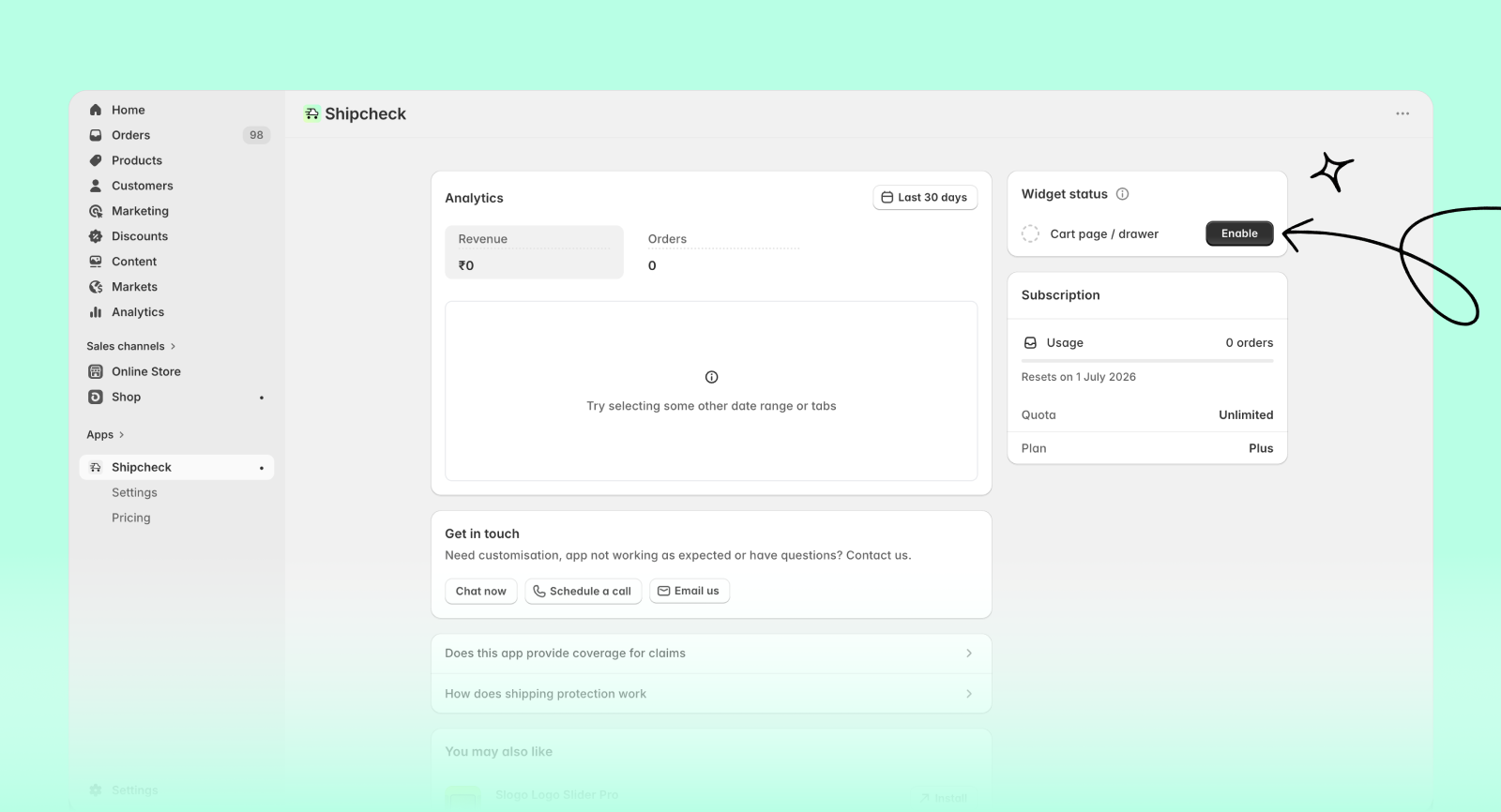 Enable Shipcheck app embed from theme settings